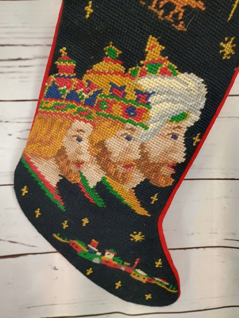 Handcrafted Needlepoint Christmas Stocking King Wise Men & Camel Red Backing 20